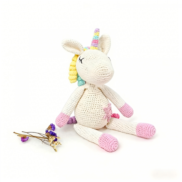 handmade-crochet-unicorn-amigurumi-cotton-baby-toy Handmade cotton crochet unicorn amigurumi plush toy with rainbow horn and colorful mane, baby safe stuffed animal for nursery gift