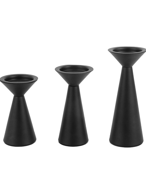 Set of 3 matte black conical iron pillar candle holders, white background product shot