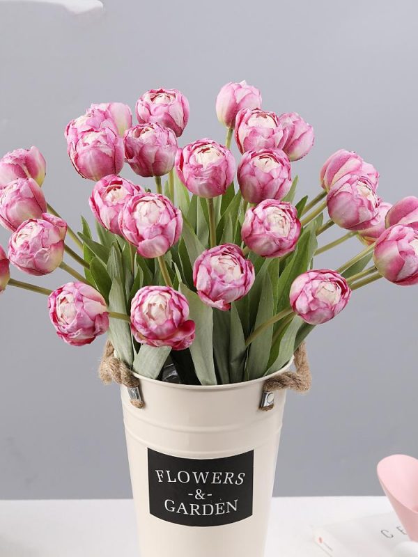 Two-tone pink white peony tulip artificial bouquet displayed in white metal flower bucket NK-YJ703018