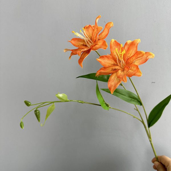 Orange double petal small lily fake flower stem, realistic silk lily for floral arrangement