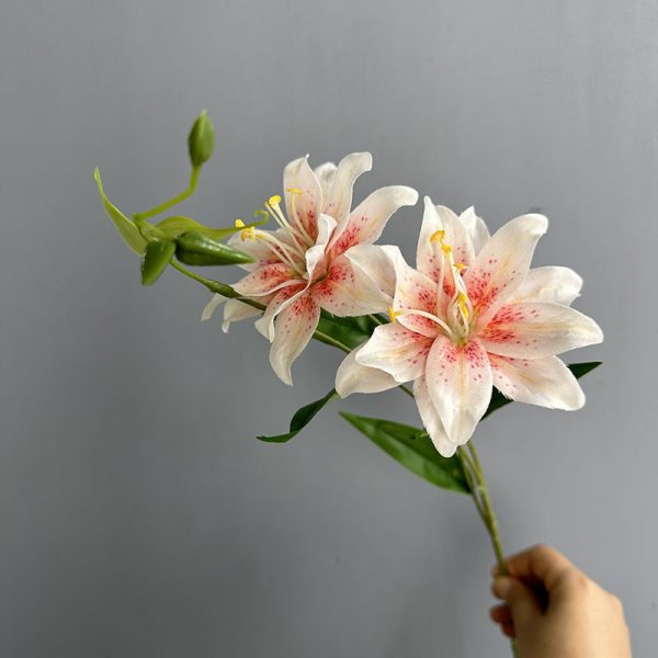 Pink splash double petal small lily silk flower stem, spotted faux lily bloom close up