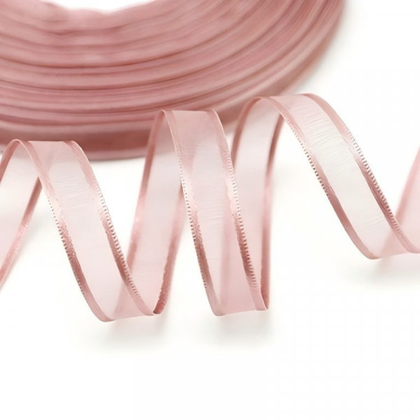 nude pink sheer organza ribbon with satin border, 1cm width, 50 yard roll