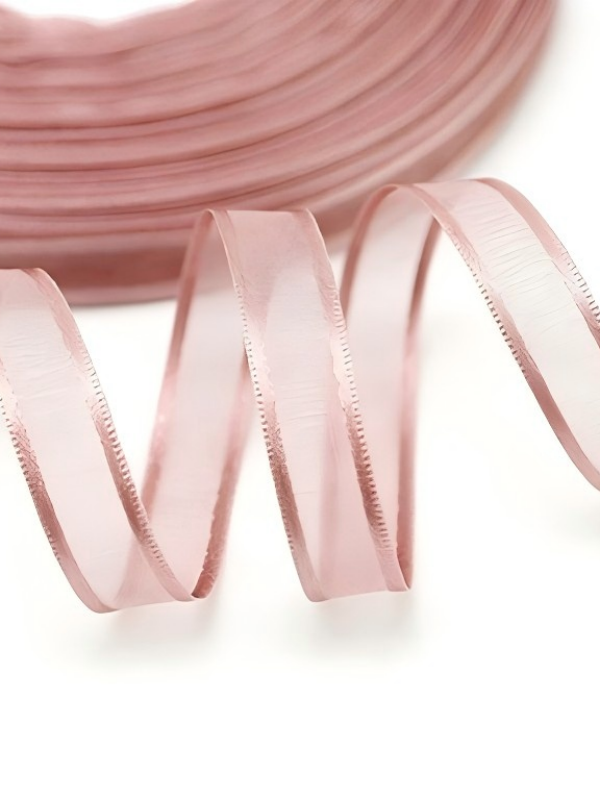 nude pink sheer organza ribbon with satin border, 1cm width, 50 yard roll