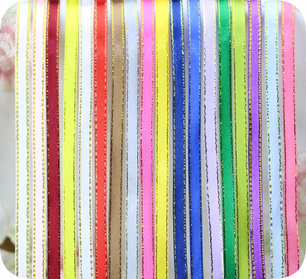 Glossy gold border satin ribbon 6mm, 25yd/roll. Assorted colors, ideal for gift packaging, bows, wedding & holiday DIY projects