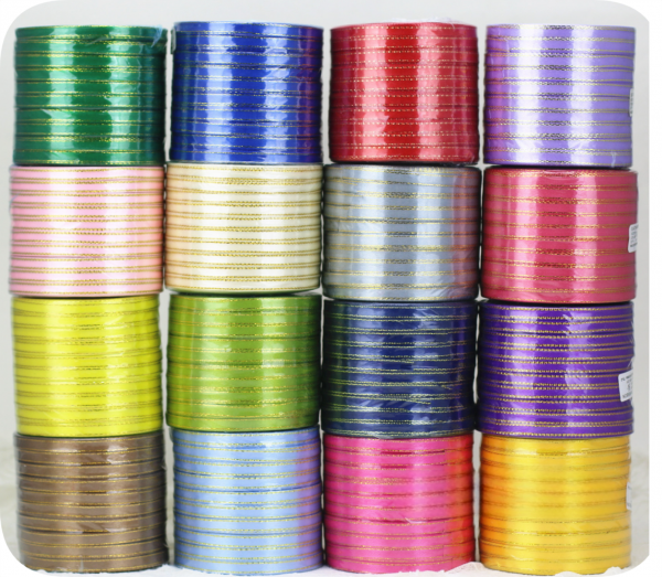 Assorted colors 6mm gold edge polyester satin ribbon rolls, 25 yards each for gift wrapping, wedding decor and DIY bow crafts