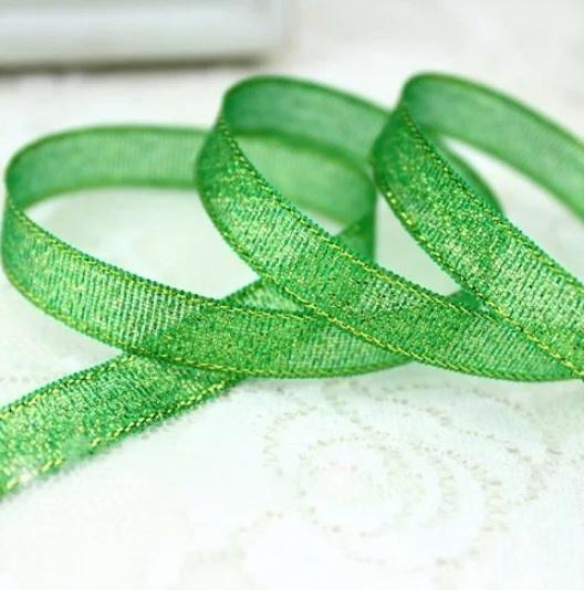 Green metallic glitter sheer organza ribbon, translucent sparkly ribbon for holiday gift wrapping