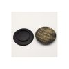 Matte black and antique wood grain round metal pillar candle tray displayed side by side, wax catcher plate