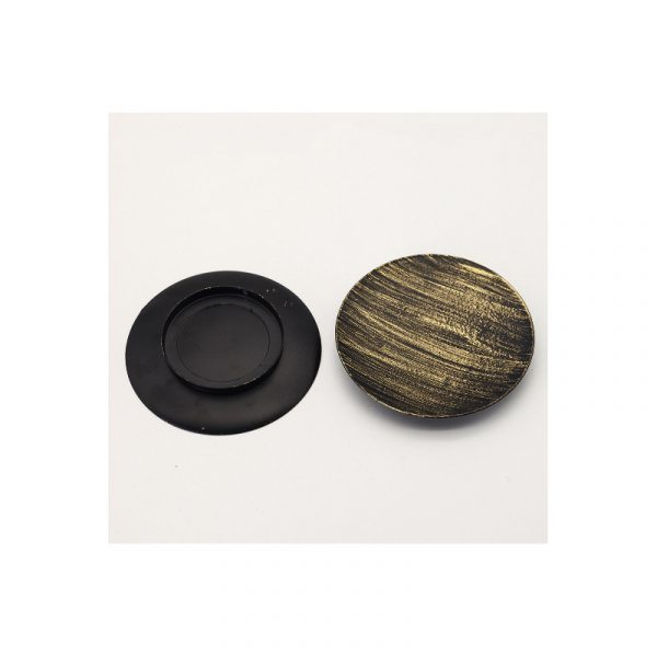 Matte black and antique wood grain round metal pillar candle tray displayed side by side, wax catcher plate