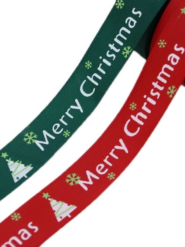 Red and green Merry Christmas printed grosgrain ribbon with christmas tree snowflake pattern, 1cm and 2.5cm width for christmas gift wrapping and holiday decor