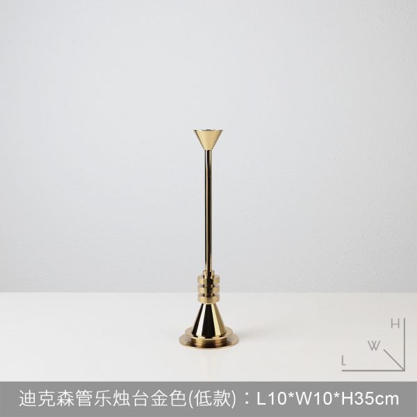 Short gold polished metal taper candlestick, Dickson tube design, 35cm height