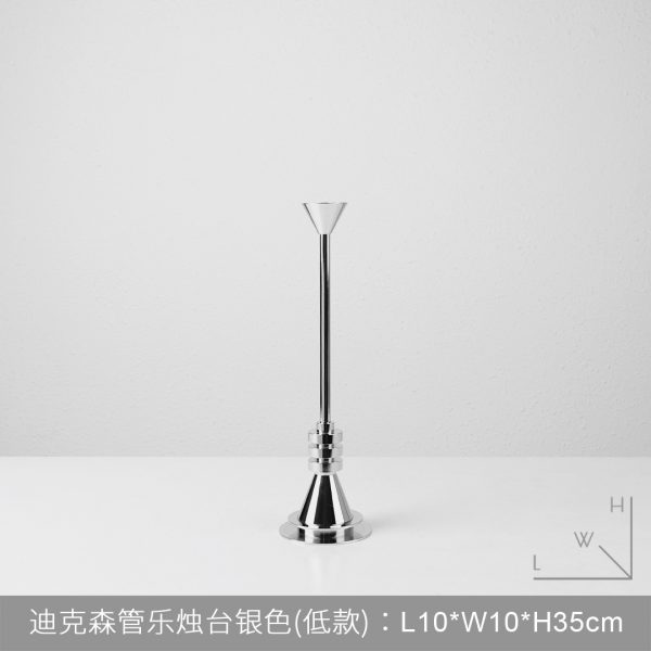 Short silver polished metal taper candlestick, Dickson tube design, 35cm height