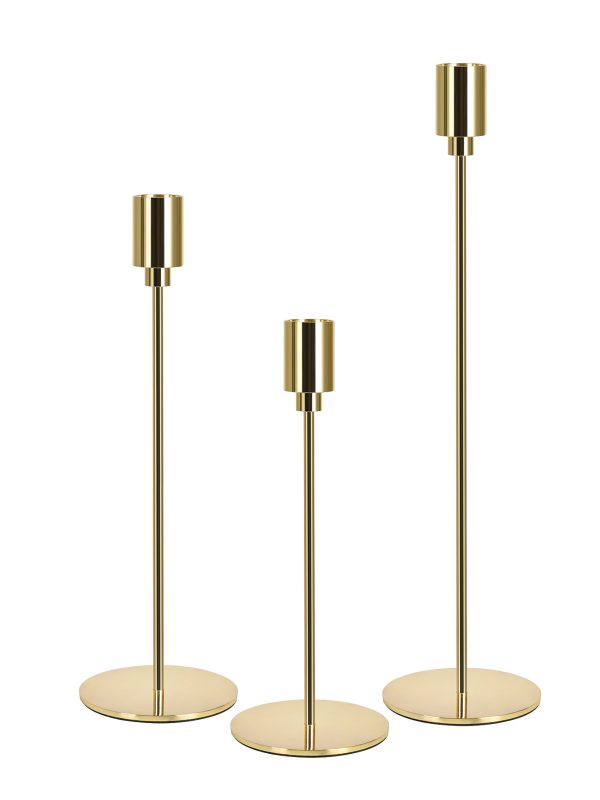 Set of 3 glossy gold modern taper candle holders, isolated white background