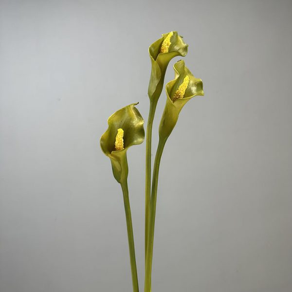 green-artificial-calla-lily-3-stems Olive green PU artificial calla lilies 3 stems, vintage faux calla lily for wabi sabi decor