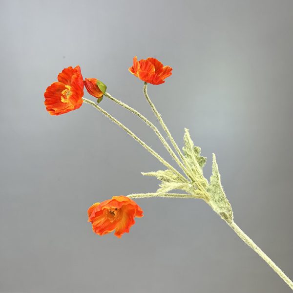 Orange flocked iceland poppy artificial silk flower stem, rustic faux poppy for wedding decor