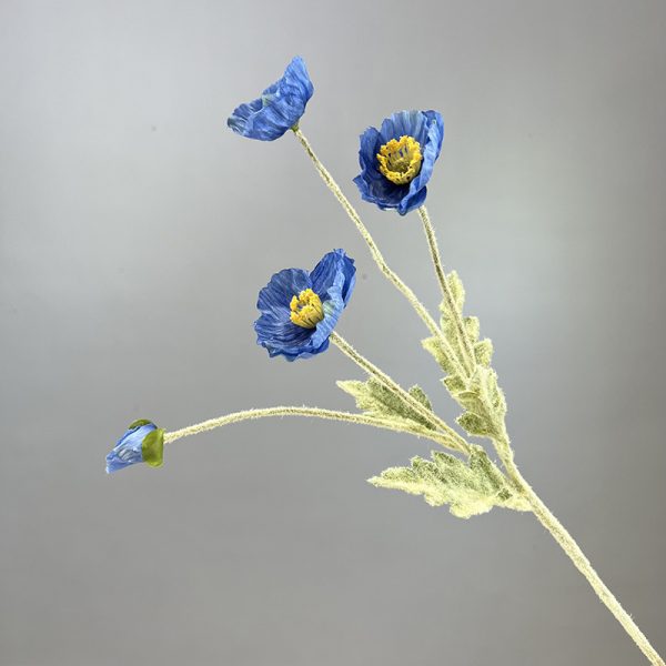 Royal blue flocked iceland poppy fake flower stem, fuzzy stem silk poppy for floral arrangement