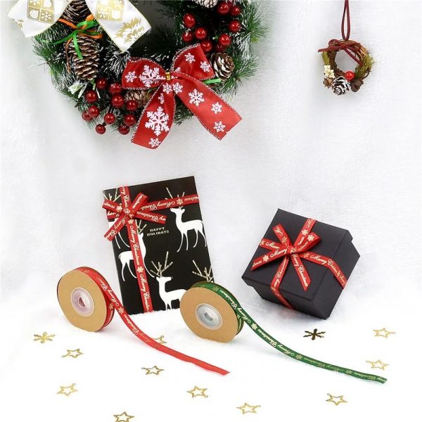 Merry Christmas gold foil grosgrain ribbon, red and green, 0.39 inch and 0.98 inch width, 24 yards per roll, used for gift wrapping, wreath and holiday DIY decoration