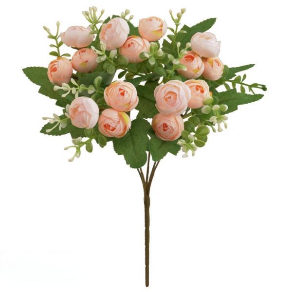 Champagne-15-head silk tea bud bouquet, 30cm artificial mini tea rose for wedding arrangements.