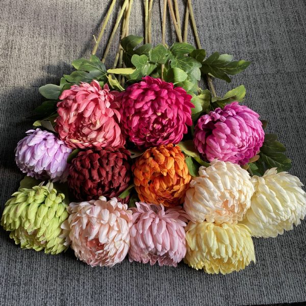 Full color swatch of artificial pompon mums Full color swatch of artificial pompon mums, long stem silk chrysanthemum bulk supply for florists