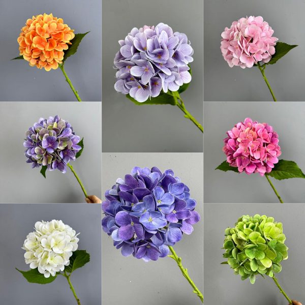 Set of 8 artificial hydrangea stems in white, blue, green, purple, pink, and orange oil painting colors artificial hydrangea stems in white, blue, green, purple, pink, and orange oil painting colors