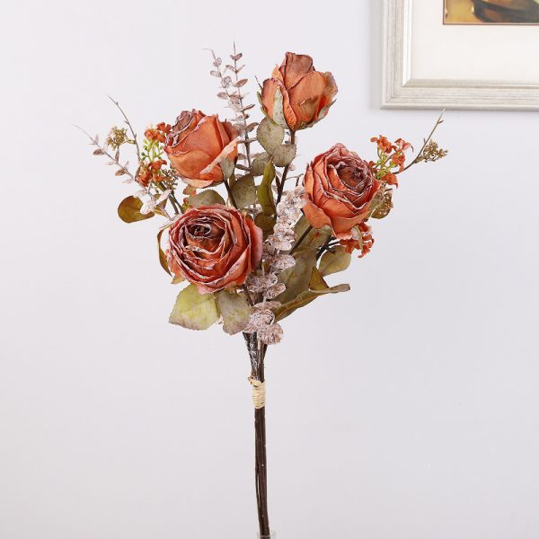 Vintage-artificial-rose-bouquet-for-home-wedding-decor.jpg NK-RSS623003 Vintage orange artificial rose bouquet, faux rose flower arrangement for home wedding decor