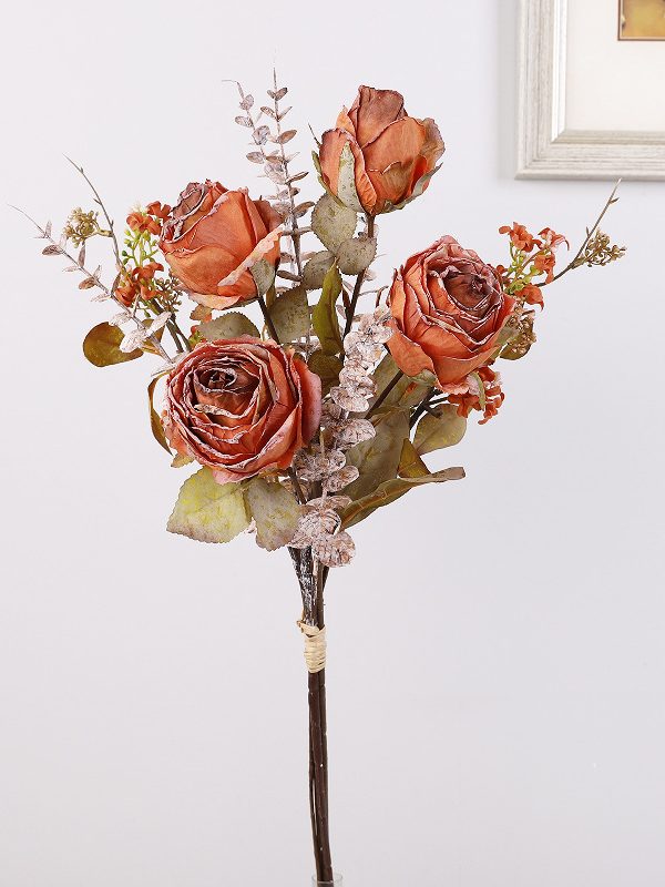 NK-RSS623003 Vintage orange artificial rose bouquet, faux rose flower arrangement for home wedding decor