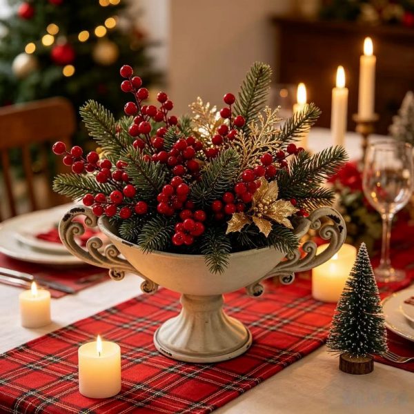 Vintage-white-pedestal-urn-vase-with-double-handles-styled-as-a-Christmas-centerpiece-with-pine-and-red-berries