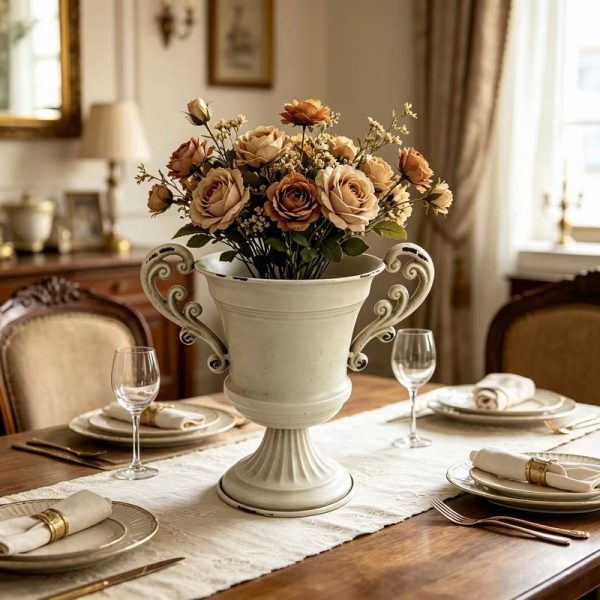 White-urn-vase-used-as-a-holiday-table-centerpiece-on-a-plaid-runner-with-candles-and-Christmas-decorations