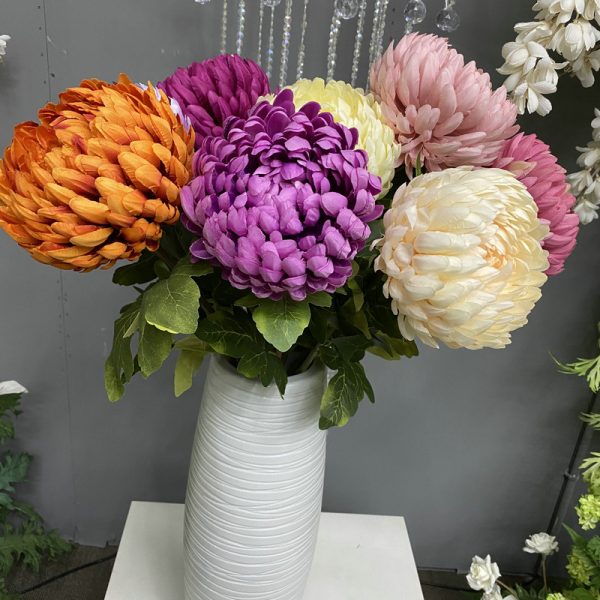 artificial Chrysanthemum for home wedding fall decor Large artificial silk pompon chrysanthemum in white vase, fall home & wedding centerpiece decor wholesale