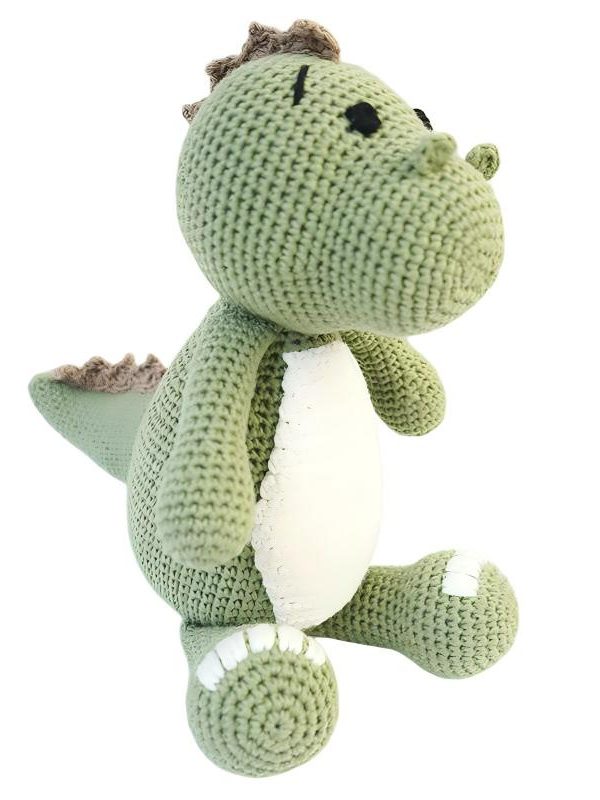 Handmade green cotton crochet dinosaur amigurumi plush toy with embroidered face, baby safe stuffed animal for nursery and kids gift