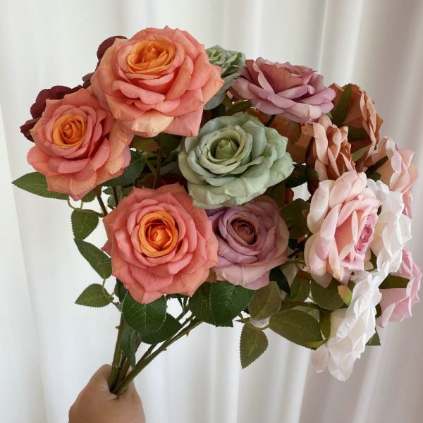 Multi color real touch artificial rose bouquet, faux roses for wedding event decoration, bulk wholesale