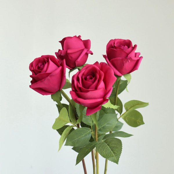 Fuchsia real touch moisturized rose bud bunch, oil cloth silk artificial rose stem