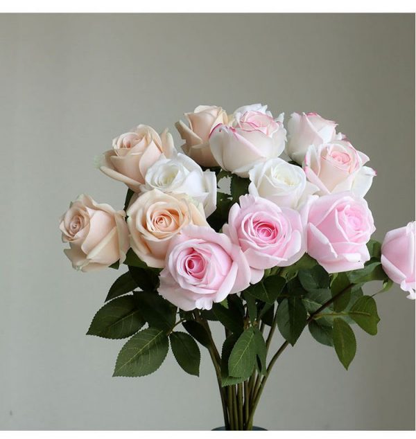 Mixed color bouquet of real touch moisturized rose bud, multi-color faux rose display