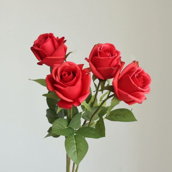 Single stem real touch moisturized red rose bud bunch, oil cloth silk faux rose for wedding and home vase decor