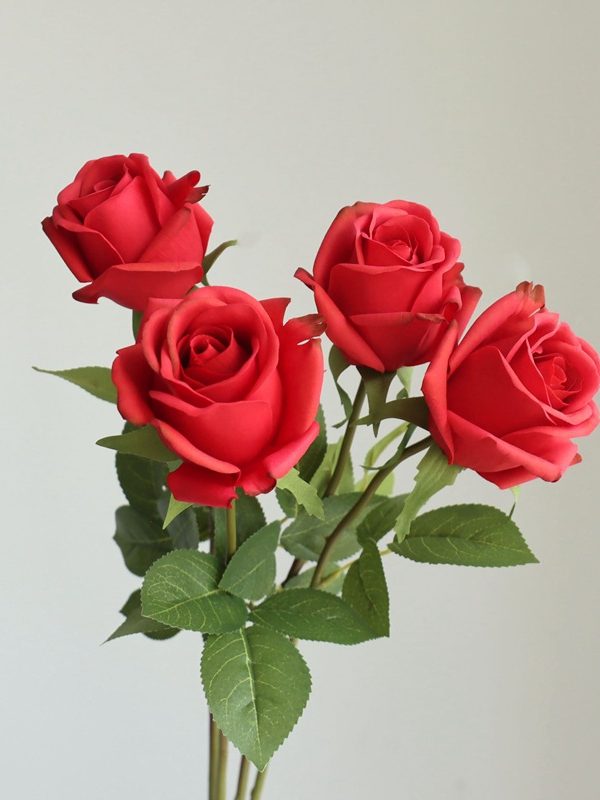 Single stem real touch moisturized red rose bud bunch, oil cloth silk faux rose for wedding and home vase decor