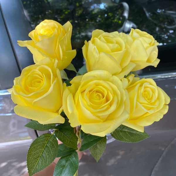 Bright yellow real touch moisturized artificial rose bud bunch, silk oil cloth faux rose flower