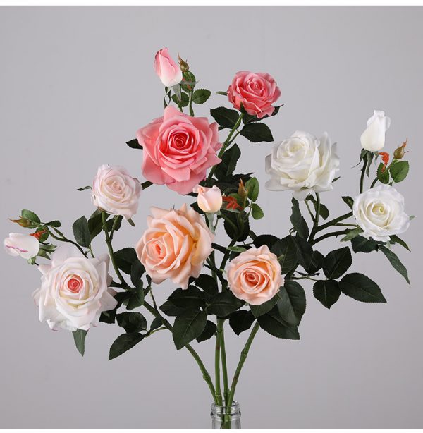 realistic faux silk rose stem in 3 heads with 75cm in bulk for wedding centerpiece home table decoration multiple colors of 75cm artificial rose stem with 2 blooms and 1 bud, silk rose for wedding backdrop decor