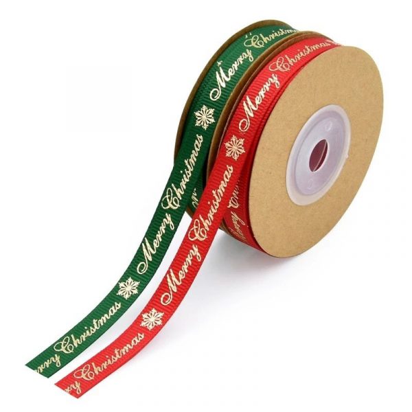 Loose display of red and green Merry Christmas gold foil grosgrain ribbon, 0.39in & 0.98in, 24 yards per roll for christmas craft