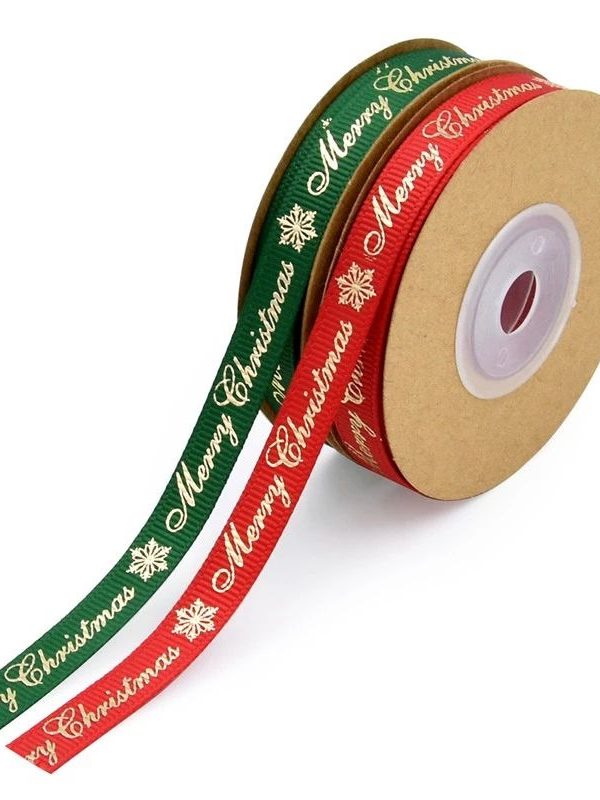 Loose display of red and green Merry Christmas gold foil grosgrain ribbon, 0.39in & 0.98in, 24 yards per roll for christmas craft